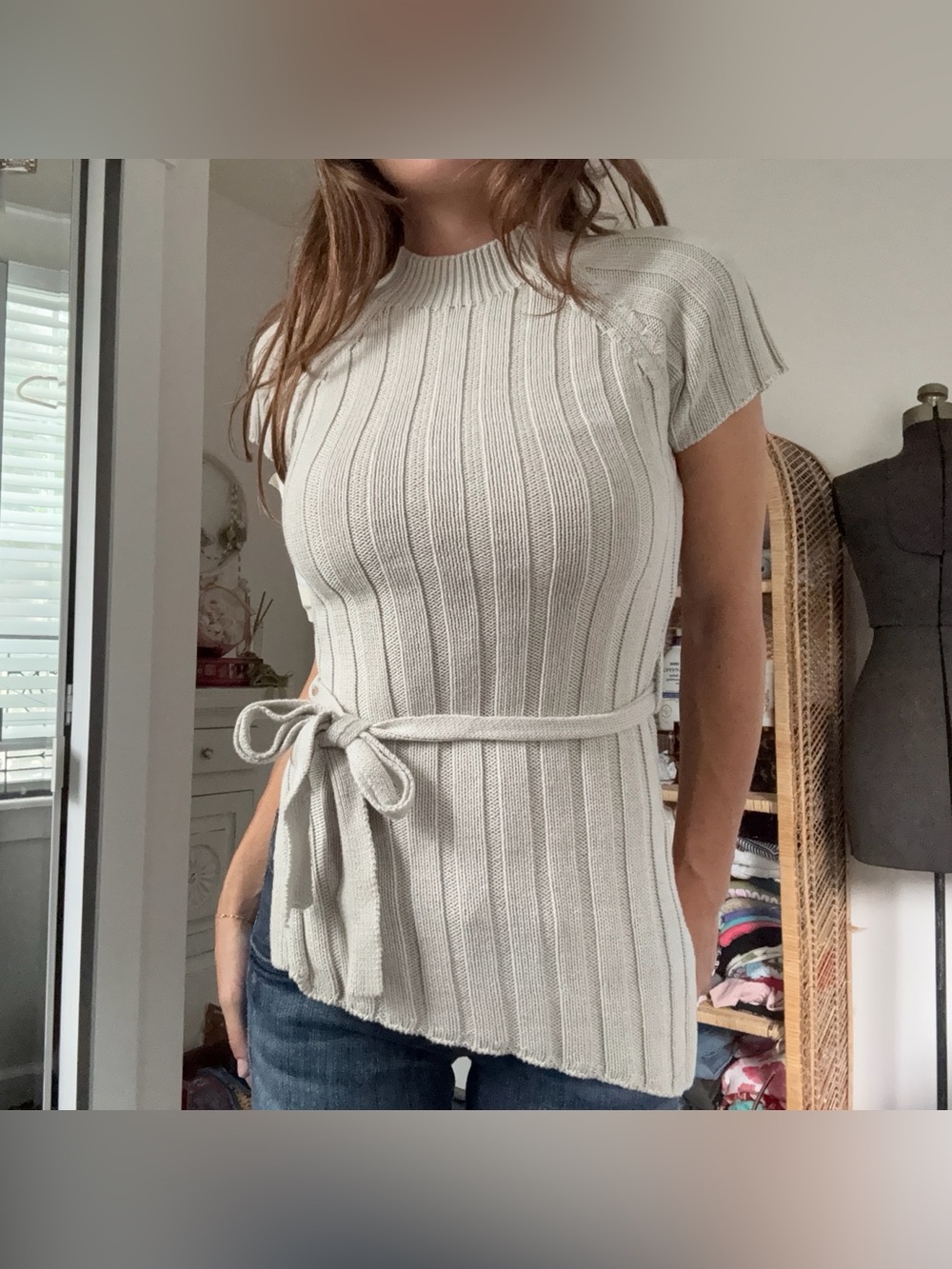 Ecoté Ribbed Cotton Mock Neck Tie Waist Knit Top XS 2000s y2k minimalist